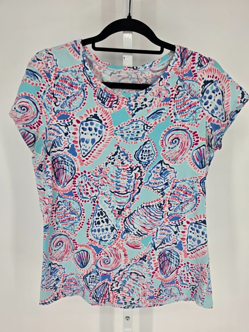 Lilly Pulitzer Karrie Top turquoise pink "Shell Me About It" seashell print Sz L